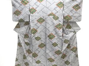 アンティーク　菱に花模様織り出し手織り節紬着物